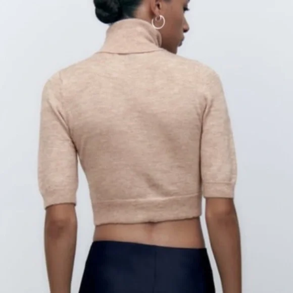 Zara Wool Blend Short Sleeve Turtleneck Crop Top Tan Size Small - Picture 7 of 12